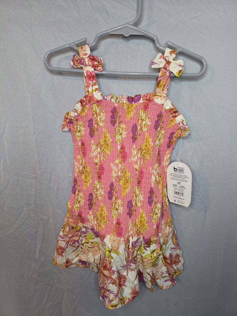 wonder nation Pink Floral Smocked Sundress with Yellow & Purple Accents